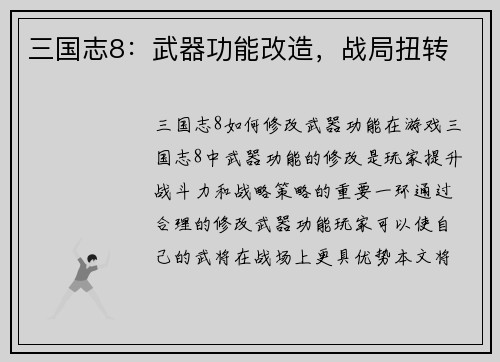 三国志8：武器功能改造，战局扭转